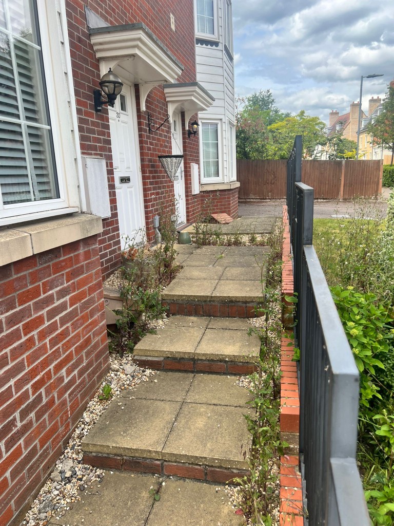 Front pathway and steps with weeds and grime before jet washing